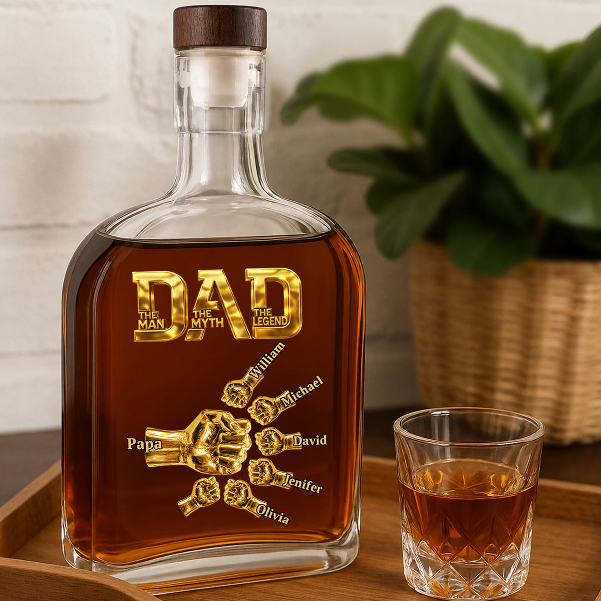 Dad The Man The Myth The Legend - Personalized Whiskey Bottle Fist Bump Daddy , Custom Whiskey Bottle with Kids Name, Gifts for Dad, Daddy, Grandpa, Husband On Fathers Days