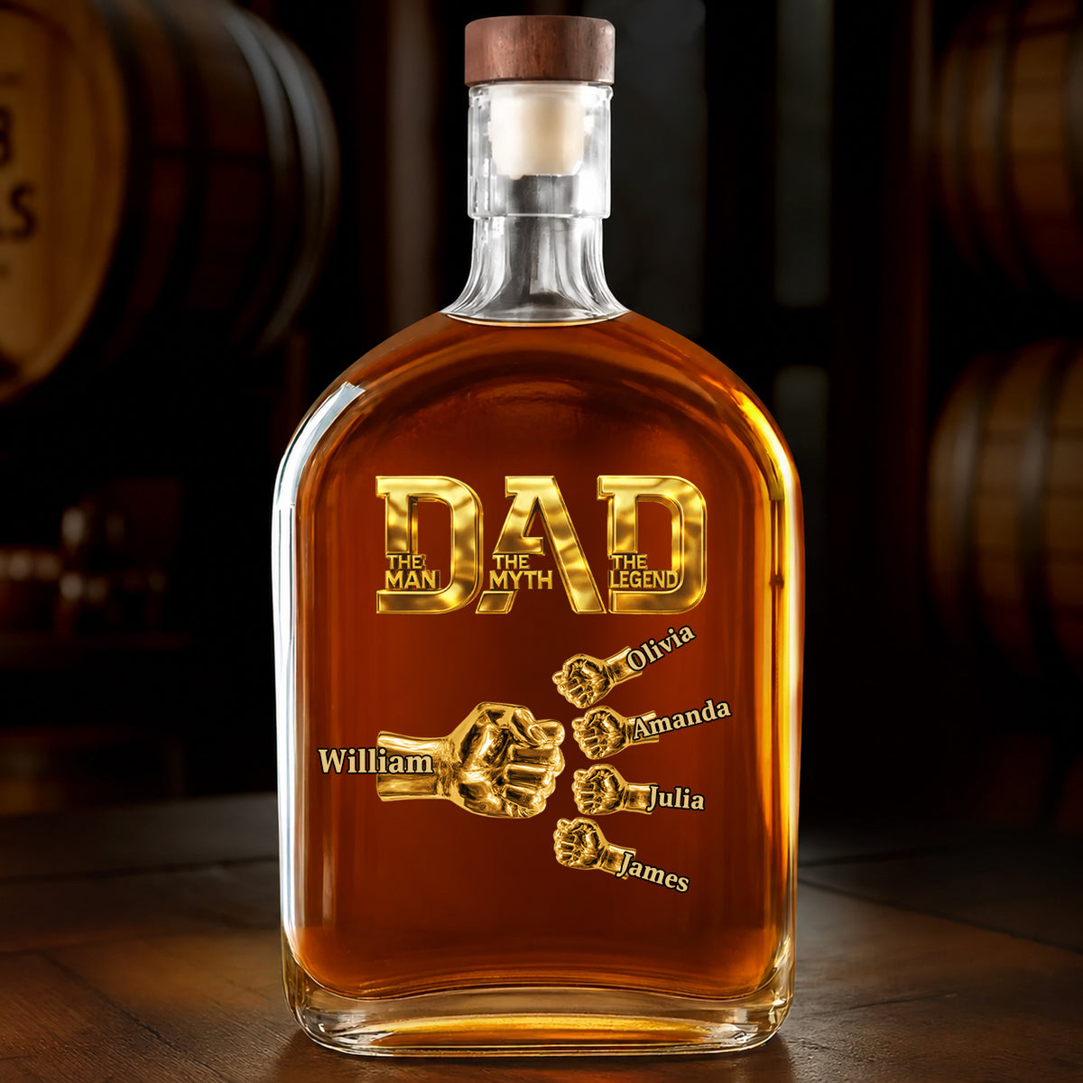 Dad The Man The Myth The Legend - Personalized Whiskey Bottle Fist Bump Daddy , Custom Whiskey Bottle with Kids Name, Gifts for Dad, Daddy, Grandpa, Husband On Fathers Days