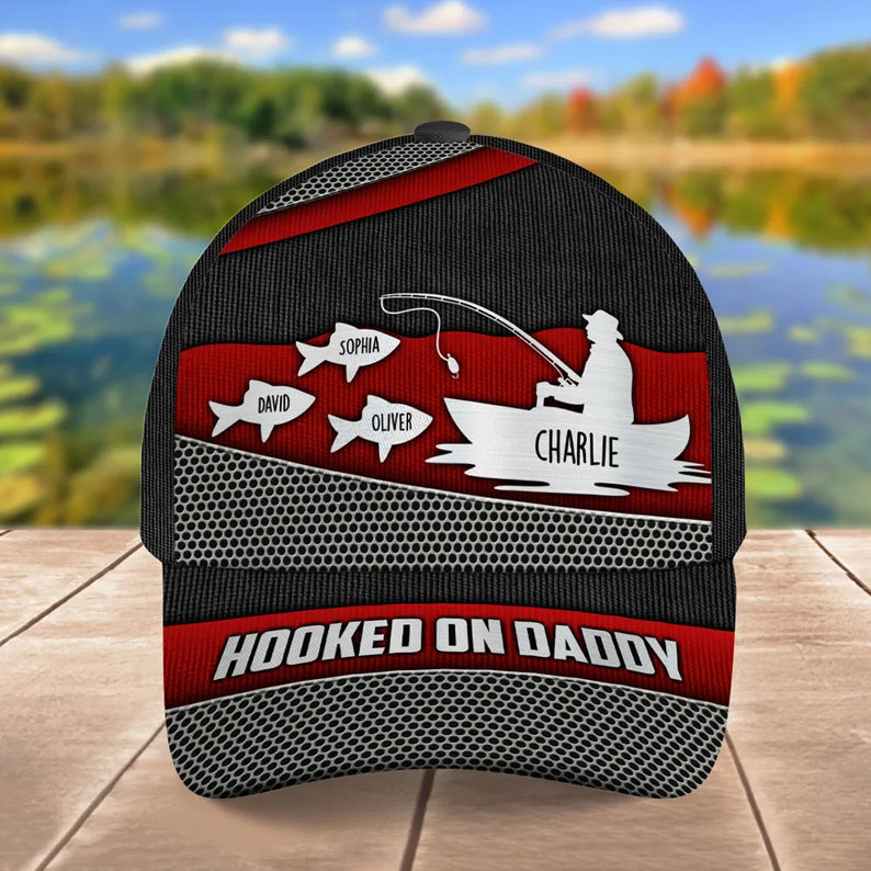 Hooked On Fishing Papa Dad Metal Printed Personalized Classic Cap