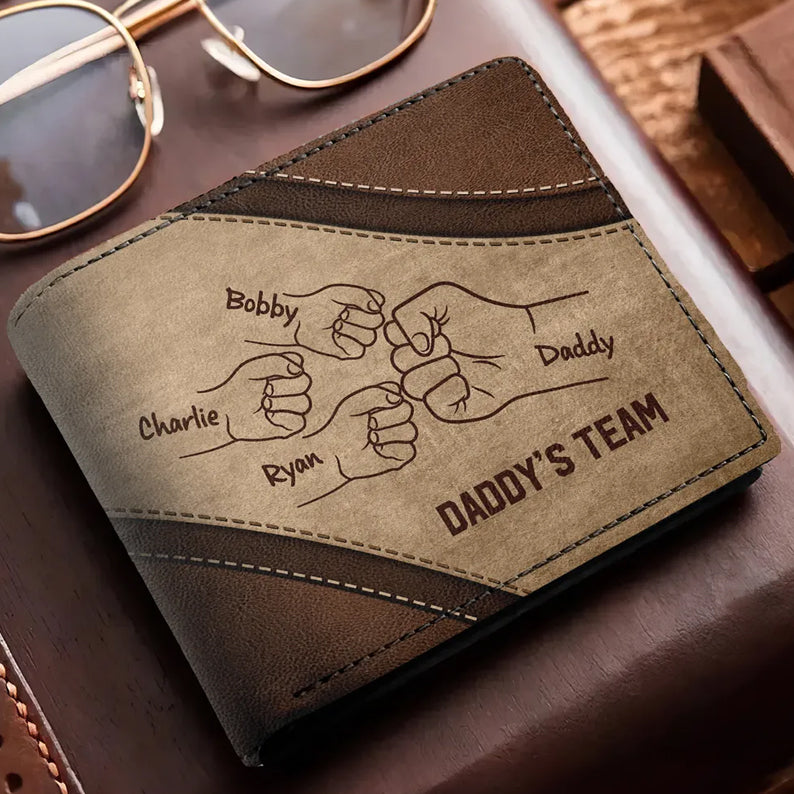 Daddy's Team Fist Bump Personalized Men s Wallet, Father's Day Gift, Birthday Gift For Husband, Dad, Grandpa