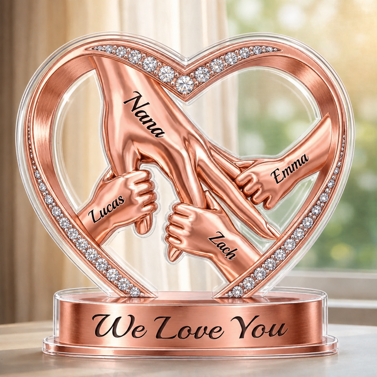 Mom & Kids Holding Hands Jewelry Effect Heart - Personalized Acrylic Plaque - Gift For Mom, Grandma, Mother's Day Gift