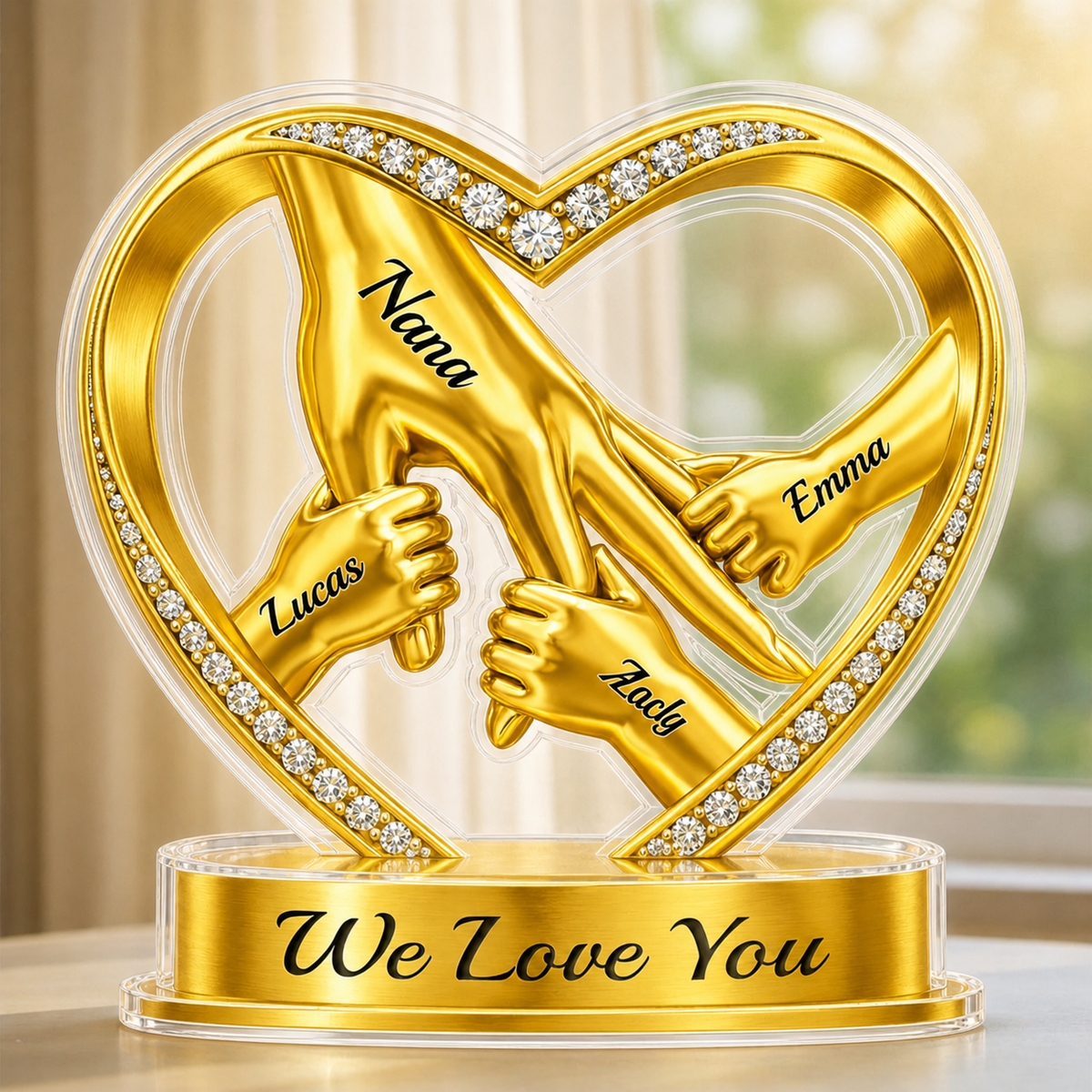 Mom & Kids Holding Hands Jewelry Effect Heart - Personalized Acrylic Plaque - Gift For Mom, Grandma, Mother's Day Gift
