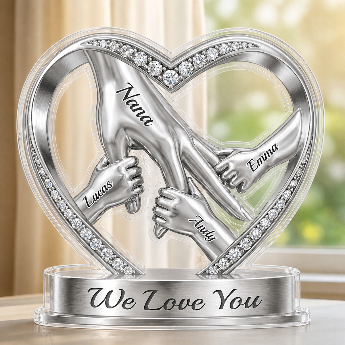Mom & Kids Holding Hands Jewelry Effect Heart - Personalized Acrylic Plaque - Gift For Mom, Grandma, Mother's Day Gift