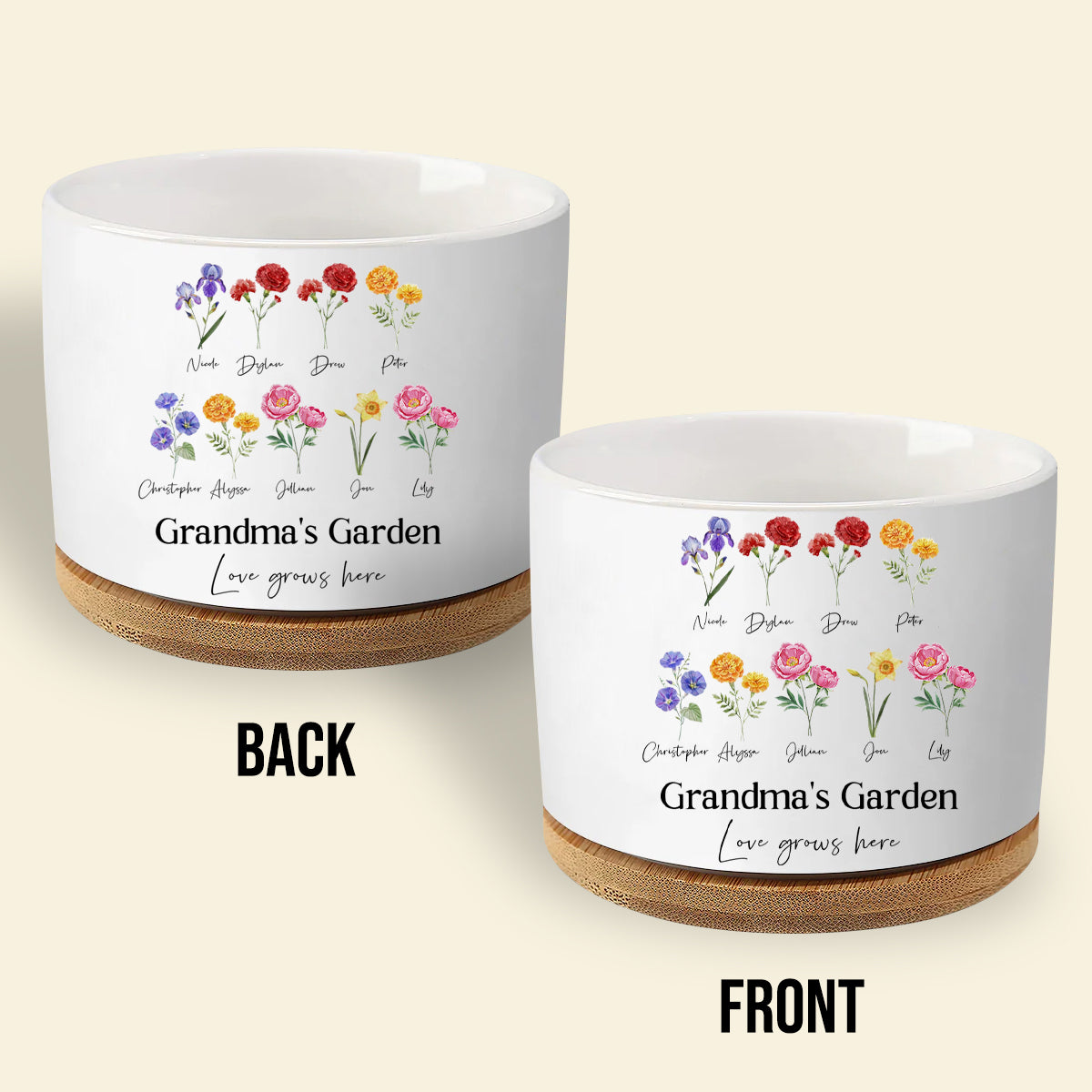Personalized Grandma's Garden Outdoor Flower Pot With Grandkids Name and Birth Flower For Mother's Day