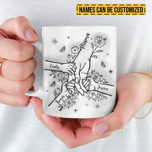 Floral Mother With Kids Hands - Personalized 3D Inflated Effect Printed Mug - Gift For Mother