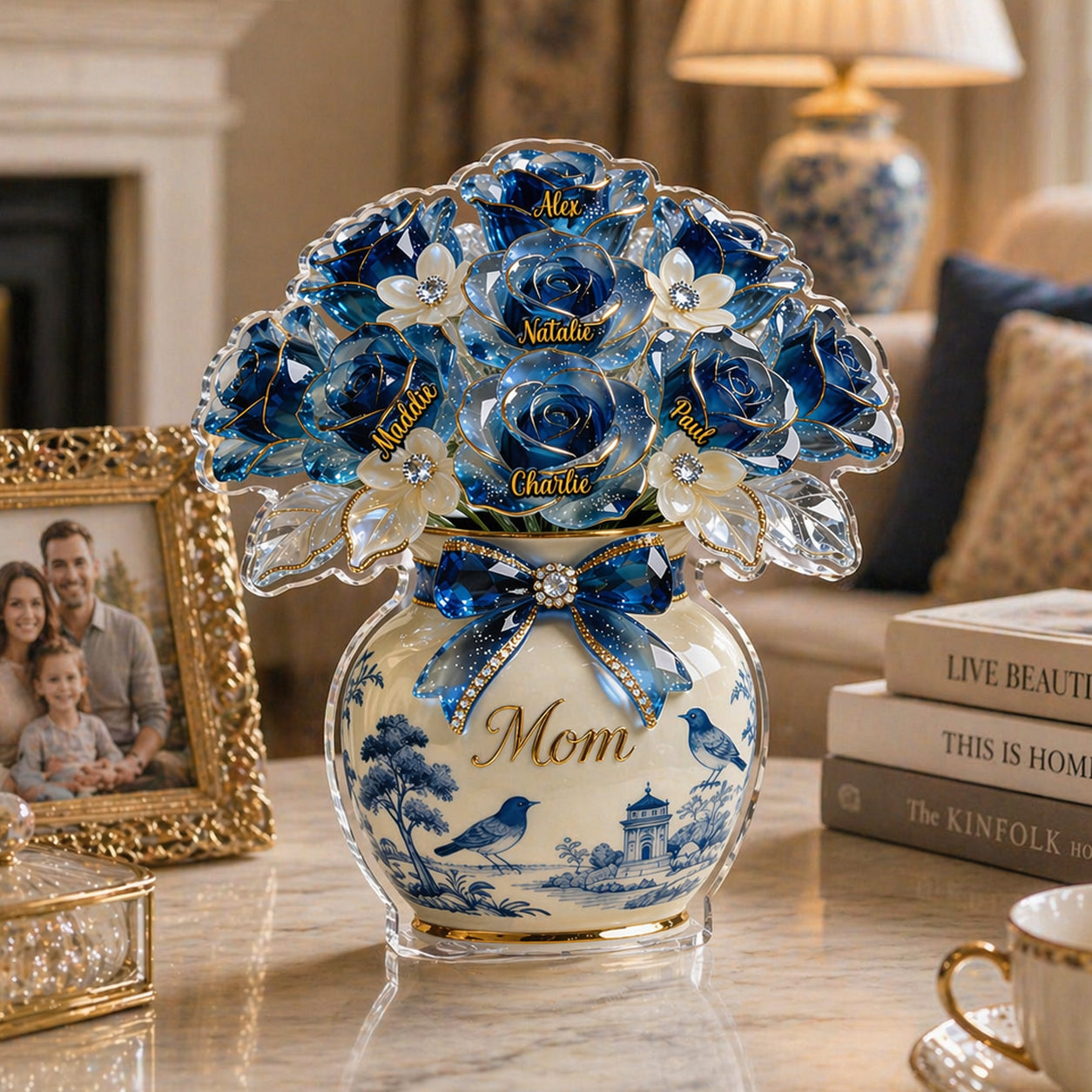 Custom Mother's Day Gift, Toile de Jouy Flower Bouquet Mom 3D Effect, Gift for Grandma, Personalized Flat Acrylic Block Plaque