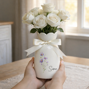 Personalized Birth Flower Vase With Name, Ceramic Vase Birthday Gift, Gift for Mom, Birthday Gift for Grandmother, Bridesmaid Gifts with Bow