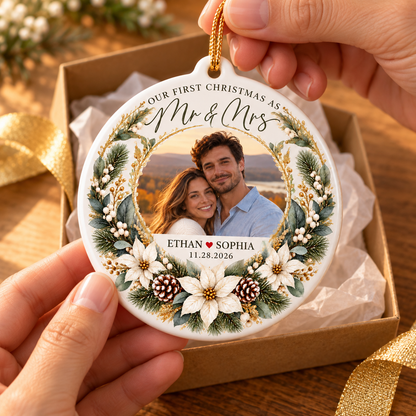 Personalized First Christmas Married Ornament, Mr and Mrs Photo Ornament, Newlywed Christmas Gift, Wedding Keepsake 2026