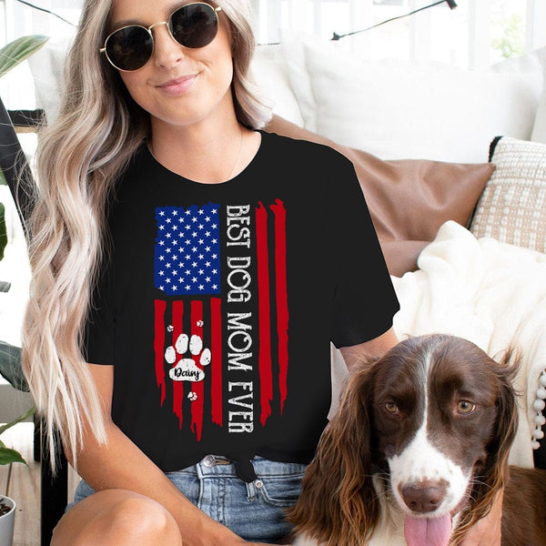 Best Dog Mom Ever American Flag Front Dog Shirt