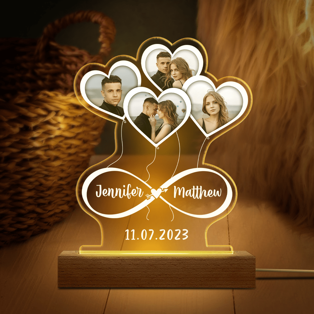Custom Photo Infinity Hearts Balloons Couple 3D Acrylic Plaque LED Night Light Personalized Gift For Couple Anniversary Gift Night Light With Wooden base