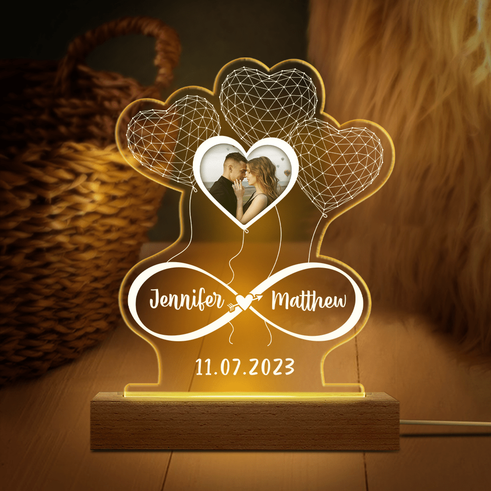Custom Photo Infinity Hearts Balloons Couple 3D Acrylic Plaque LED Night Light Personalized Gift For Couple Anniversary Gift Night Light With Wooden base