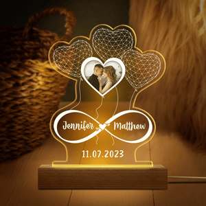 Custom Photo Infinity Hearts Balloons Couple 3D Acrylic Plaque LED Night Light Personalized Gift For Couple Anniversary Gift Night Light With Wooden base