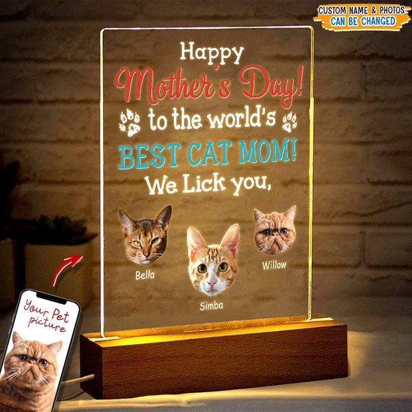 Happy Mother's Day To The World's Best Cat Mom Acrylic Plaque With LED Night Light