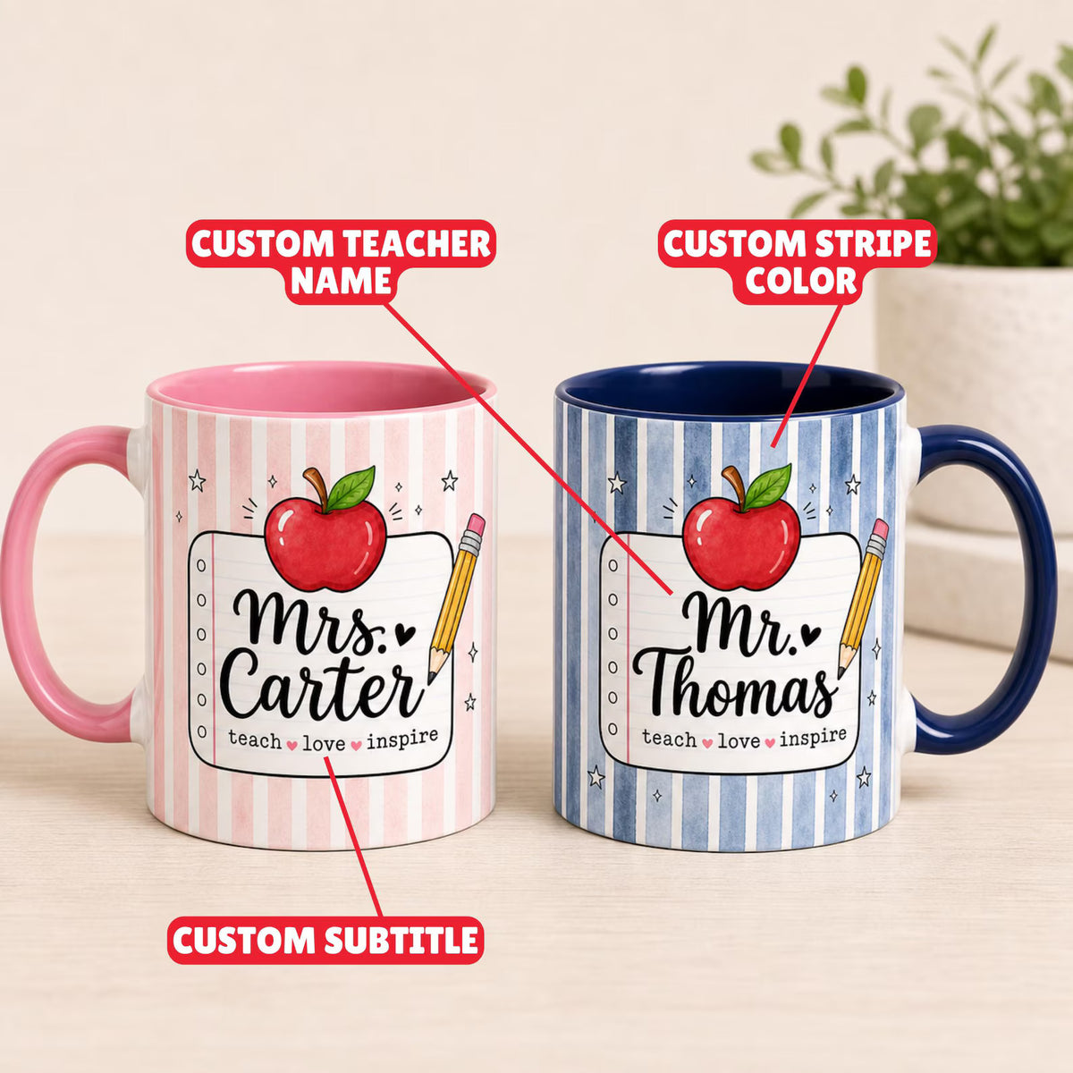 Personalized Teacher Mug with Name, Custom Striped Teacher Coffee Cup, Teacher Appreciation Gift, Back to School Gift, Custom Apple Mug