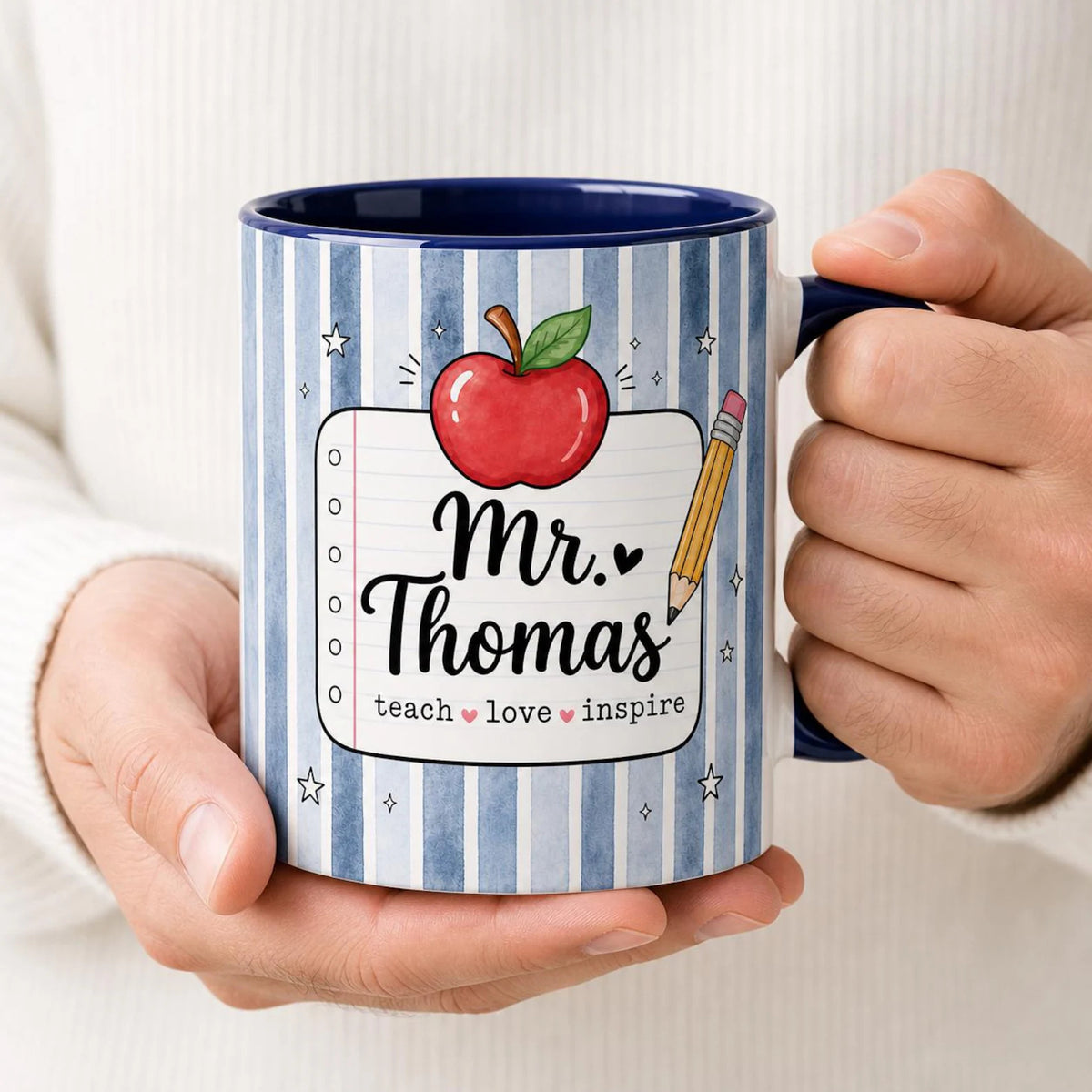Personalized Teacher Mug with Name, Custom Striped Teacher Coffee Cup, Teacher Appreciation Gift, Back to School Gift, Custom Apple Mug