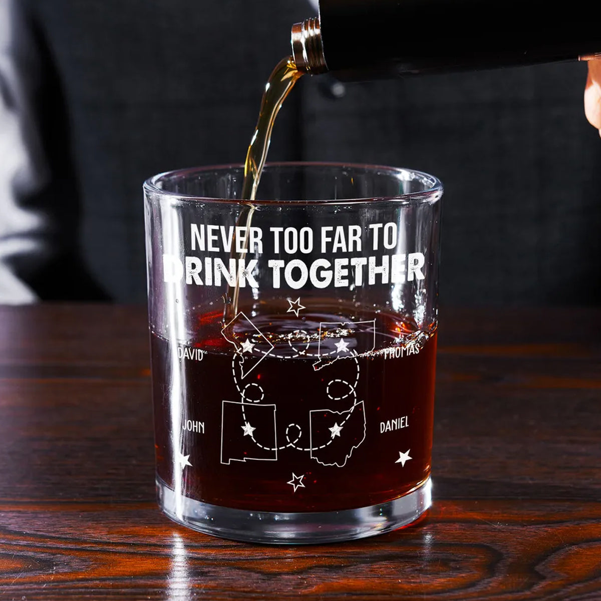 Never Too Far To Drink Together Gift For Friend Long Distance Friend - Personalized Engraved Whiskey Glass