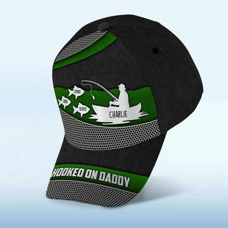 Hooked On Fishing Papa Dad Metal Printed Personalized Classic Cap