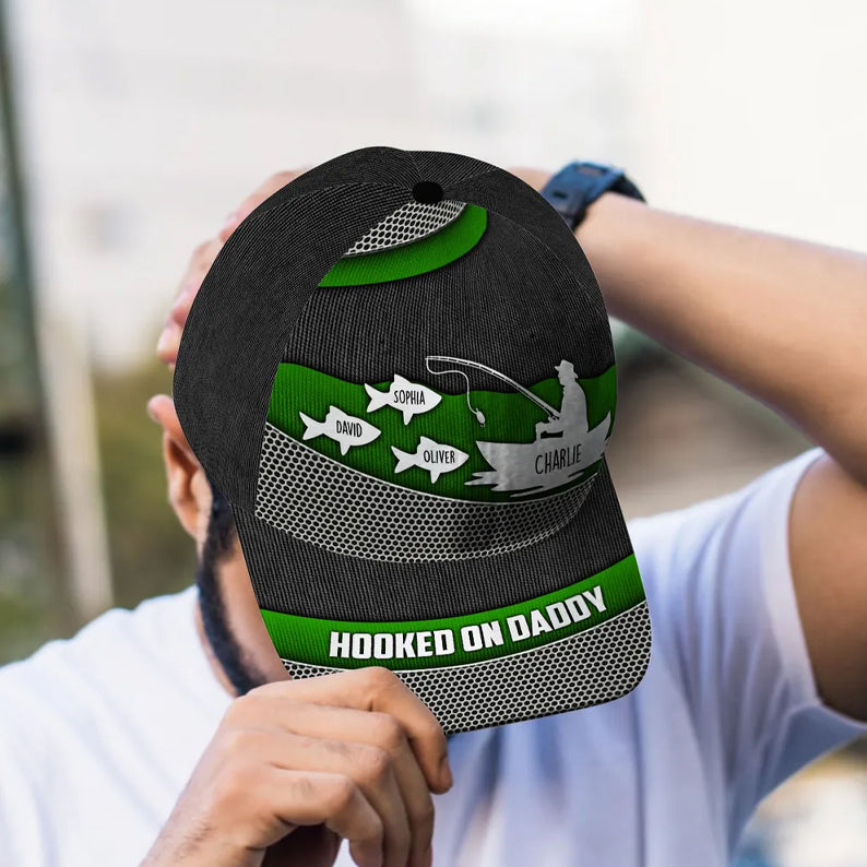 Hooked On Fishing Papa Dad Metal Printed Personalized Classic Cap