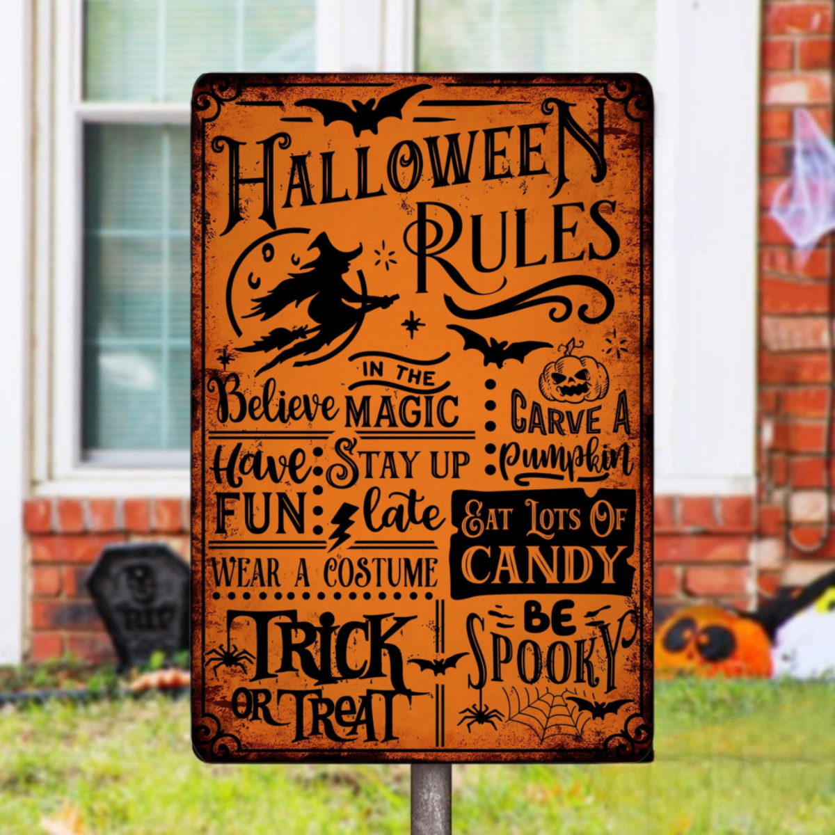 Halloween Rules Sign Pumpkin Magic Spooky Candy Trick Treat Costume Vintage Retro Rustic Patio Home Décor Gift Metal Sign