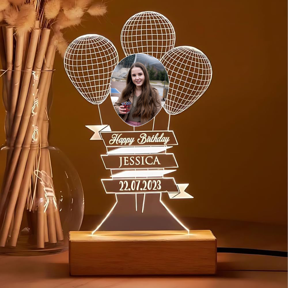 Personalized 3D Illusion LED Table Birthday Lamp | Custom Photo Balloon Shape Customized Name Lamp for Birthday Gift Anniversary, Teacher Day, Special Day. - Wooden Base, Warm Night Light.
