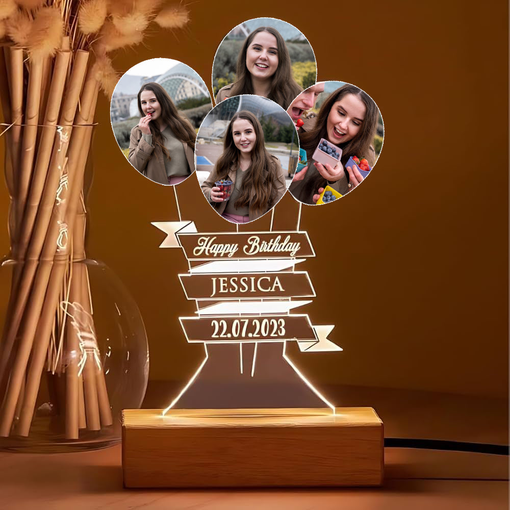 Personalized 3D Illusion LED Table Birthday Lamp | Custom Photo Balloon Shape Customized Name Lamp for Birthday Gift Anniversary, Teacher Day, Special Day. - Wooden Base, Warm Night Light.