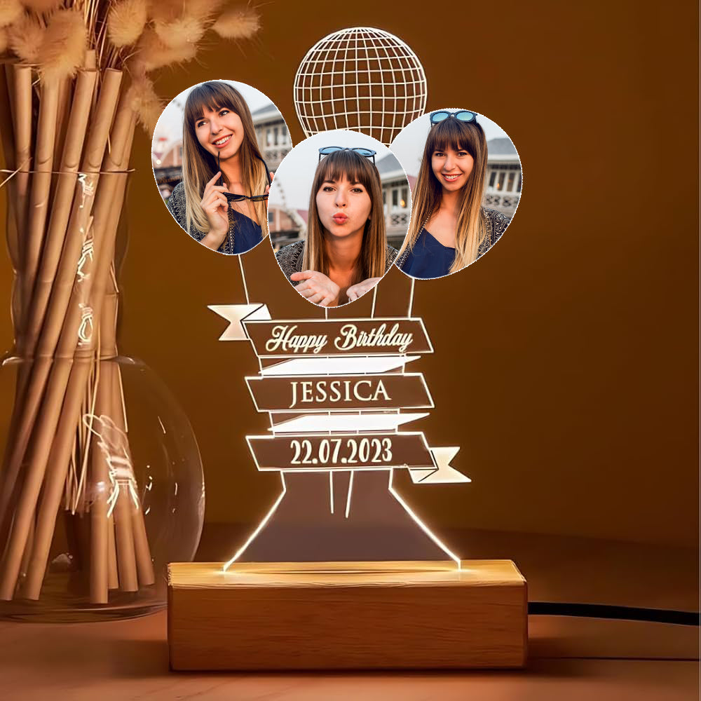 Personalized 3D Illusion LED Table Birthday Lamp | Custom Photo Balloon Shape Customized Name Lamp for Birthday Gift Anniversary, Teacher Day, Special Day. - Wooden Base, Warm Night Light.