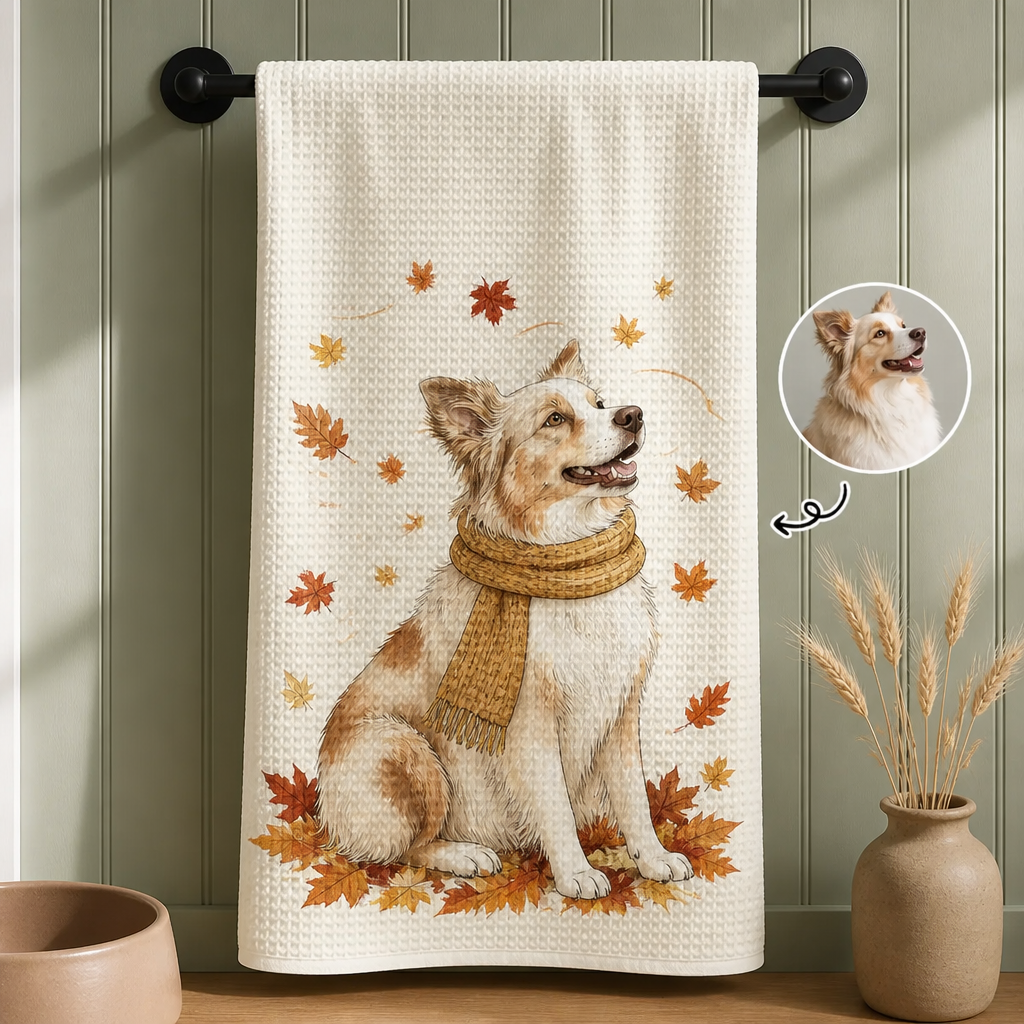 Custom Photo Watercolor Fall Leaves Dog Pet Lovers Portrait - Personalized Kitchen Towel hero-6a9a764c3e57c4bb9b9b1f5e.png