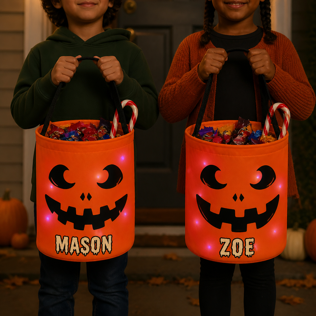 Candy Bag For Kids Scary Pumpkin Face Custom Name - Personalized Glowing Halloween Basket hero-6a9a79f78cf5e768c7204da8.png