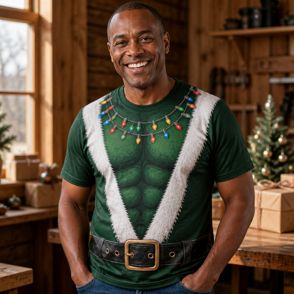 Custom Funny T-shirt - Personalized Christmas Birthday Gifts For Husband, Son, Grandson, Brother, Grandpa, Dad, Yourself - Santa Has Been Working Out hero-6a9a7d01913f017642ef3d35.png
