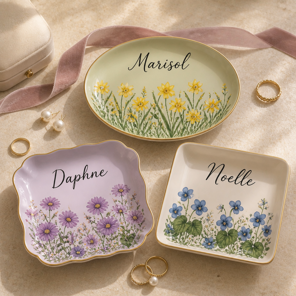 Custom Birth Flower & Name For Her, Gift For Friends, Coworkers, Daughters, Sisters - Personalized Jewelry Dish hero-6a9f76b6b497a020d58bbdfb.png
