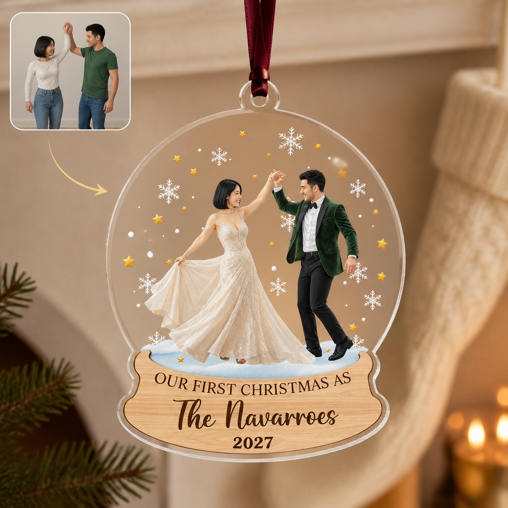 Custom Photo Our First Christmas As Acrylic Ornament, Personalized Newlywed Keepsake hero-6aa0ce96a7bbc4d461708016.png