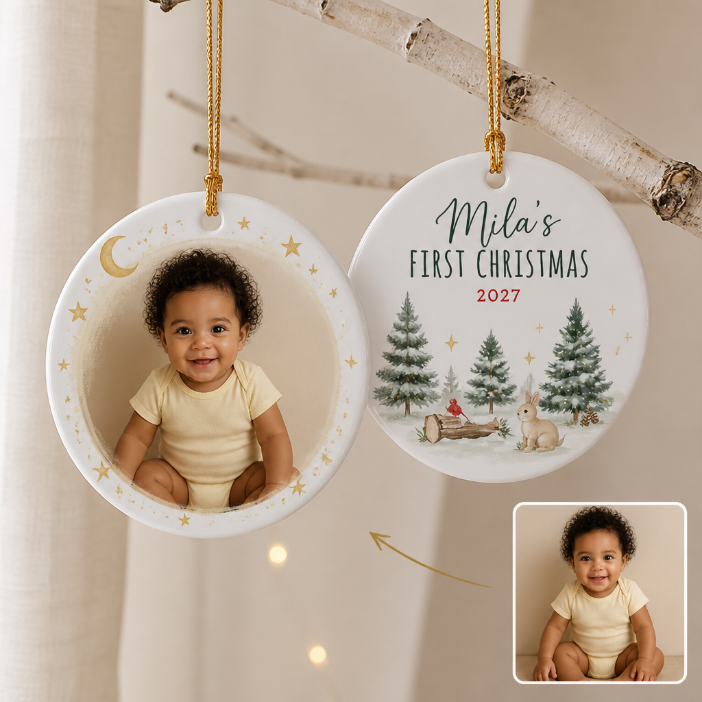 Mila's FIRST CHRISTMAS 2027 – Personalized Photo Ornament – Christmas Gift hero-6aa22959b0819151a2439463.png