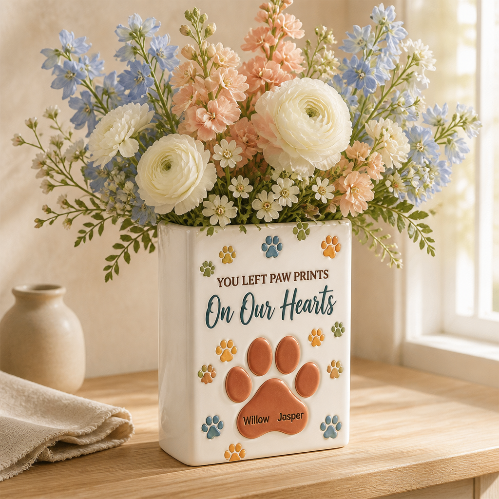 You Left Paw Prints – Personalized Ceramic Book Vase – Memorial Gift hero-6aa22998b0819151a2439467.png
