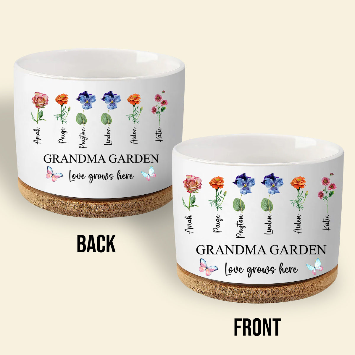 Personalized Grandma's Garden Outdoor Flower Pot With Grandkids Name and Birth Flower For Mother's Day