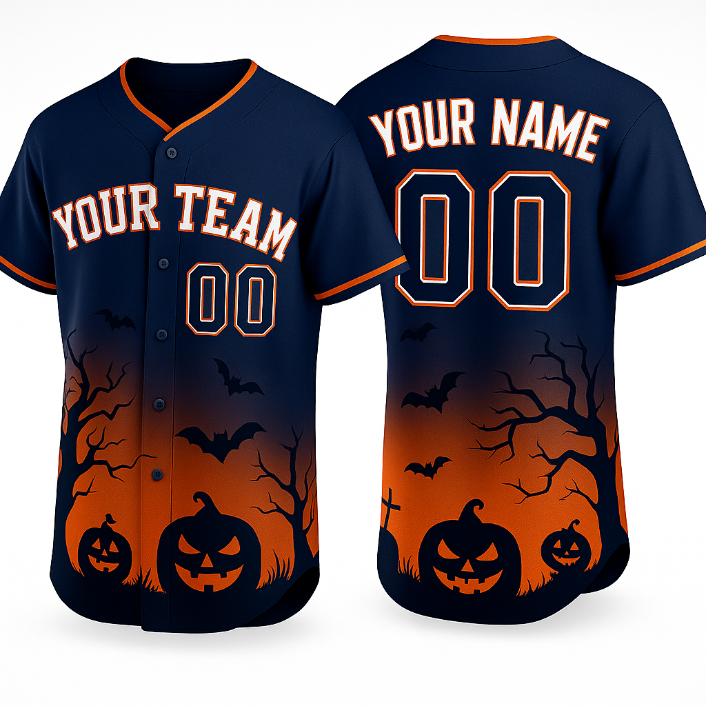 Halloween Baseball Jersey Navy & Orange Custom Jersey with Pumpkins and Bats Personalized Name & Number