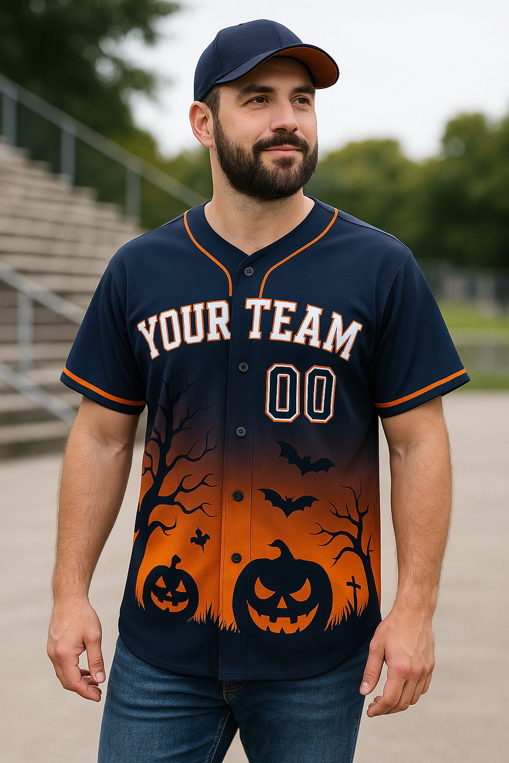 Halloween Baseball Jersey Navy & Orange Custom Jersey with Pumpkins and Bats Personalized Name & Number