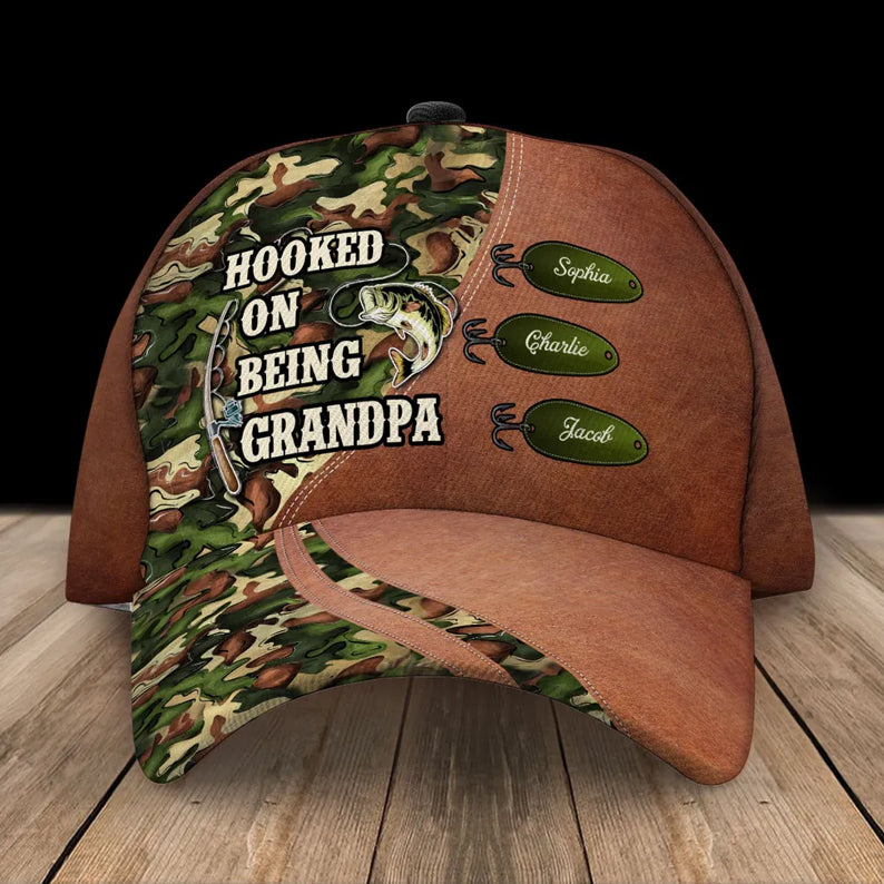 Hooked On Being Fishing Grandpa Papa Personalized Classic Cap, Father's Day Gift For Grandpa, Dad, Husband