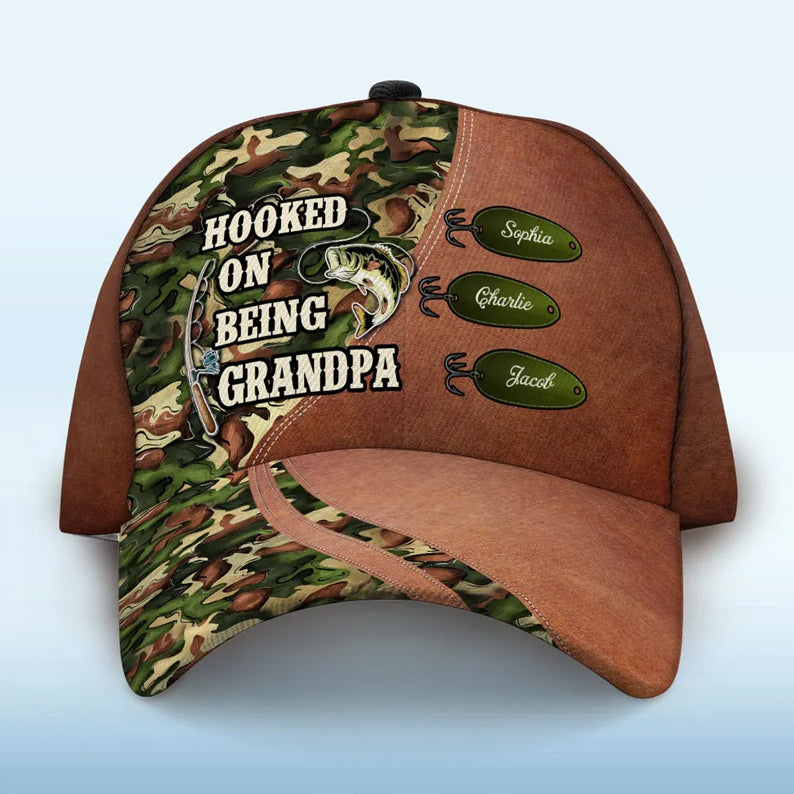 Hooked On Being Fishing Grandpa Papa Personalized Classic Cap, Father's Day Gift For Grandpa, Dad, Husband