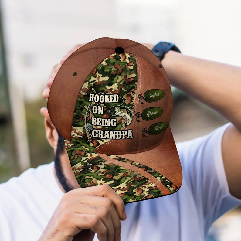 Hooked On Being Fishing Grandpa Papa Personalized Classic Cap, Father's Day Gift For Grandpa, Dad, Husband