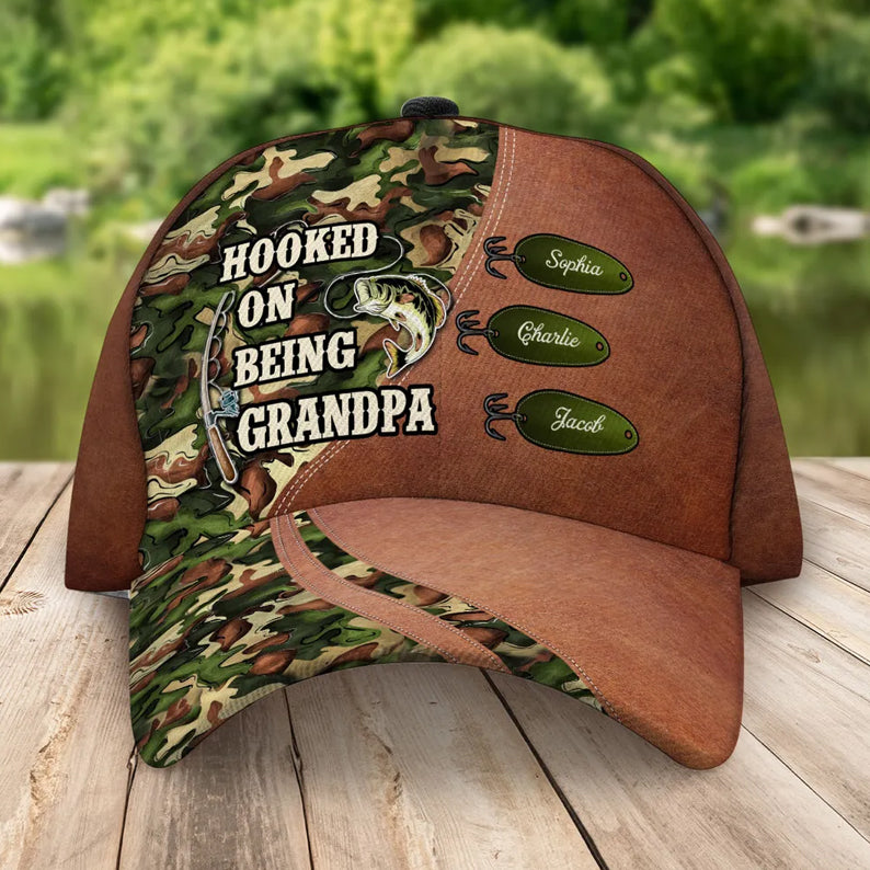 Hooked On Being Fishing Grandpa Papa Personalized Classic Cap, Father's Day Gift For Grandpa, Dad, Husband