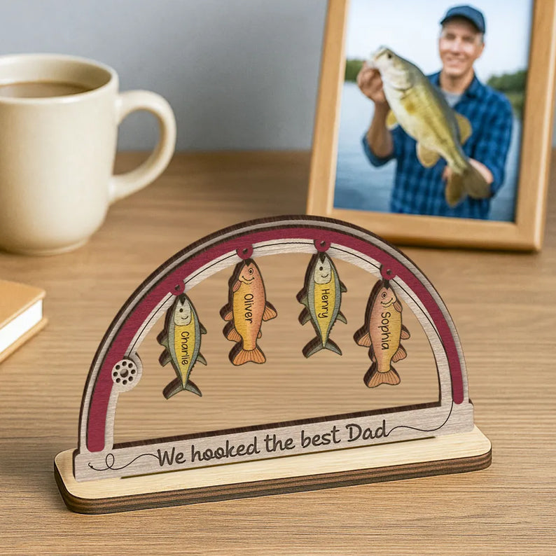 We're Hooked The Best Dad Grandpa Fishing Personalized 2-Layer Standing Wooden Plaque, Father's Day Gift For Dad, Gift for Husband