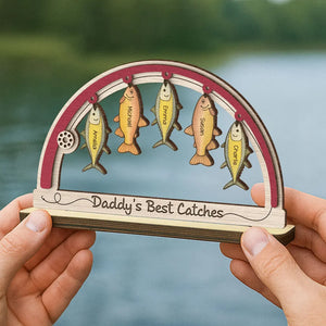We're Hooked The Best Dad Grandpa Fishing Personalized 2-Layer Standing Wooden Plaque, Father's Day Gift For Dad, Gift for Husband
