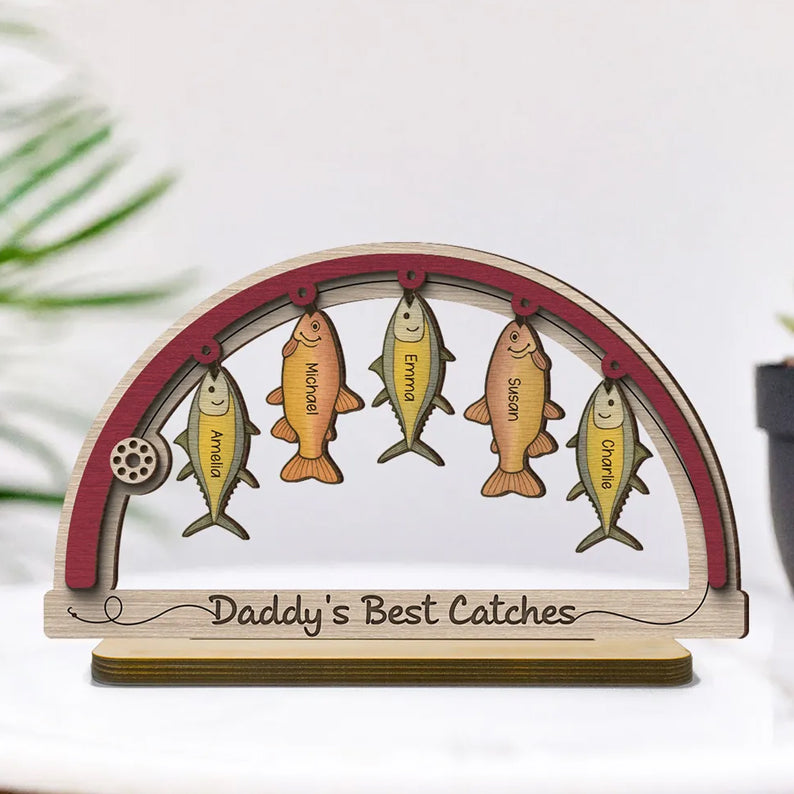 We're Hooked The Best Dad Grandpa Fishing Personalized 2-Layer Standing Wooden Plaque, Father's Day Gift For Dad, Gift for Husband