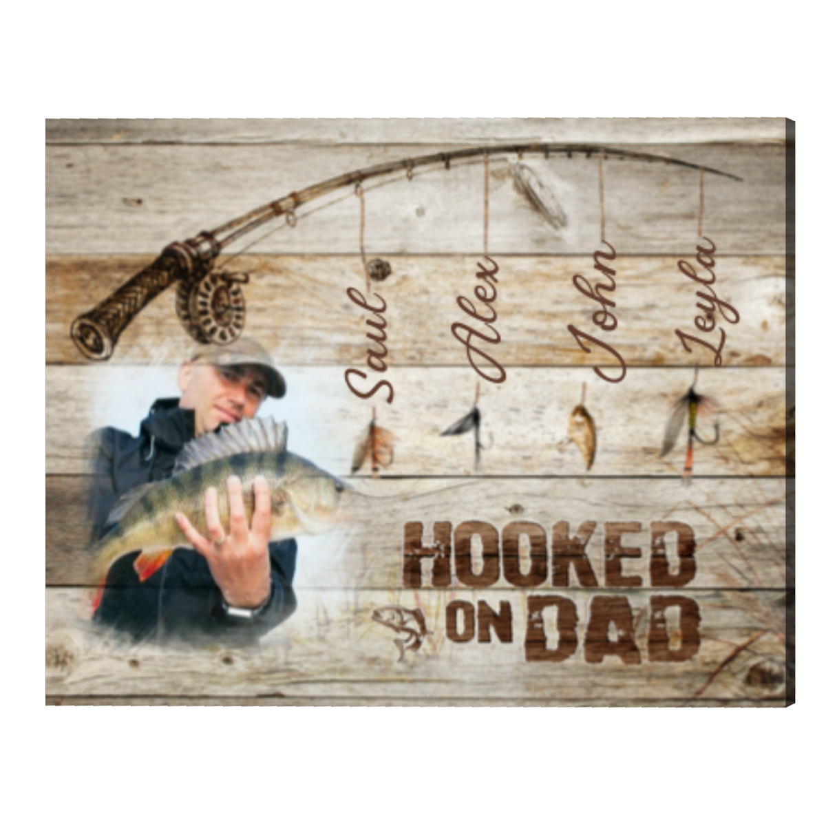 Personalized Fishing Gifts For Men, Fathers Day Fishing Gift With Kids Names, Hooked on Daddy Canvas Print