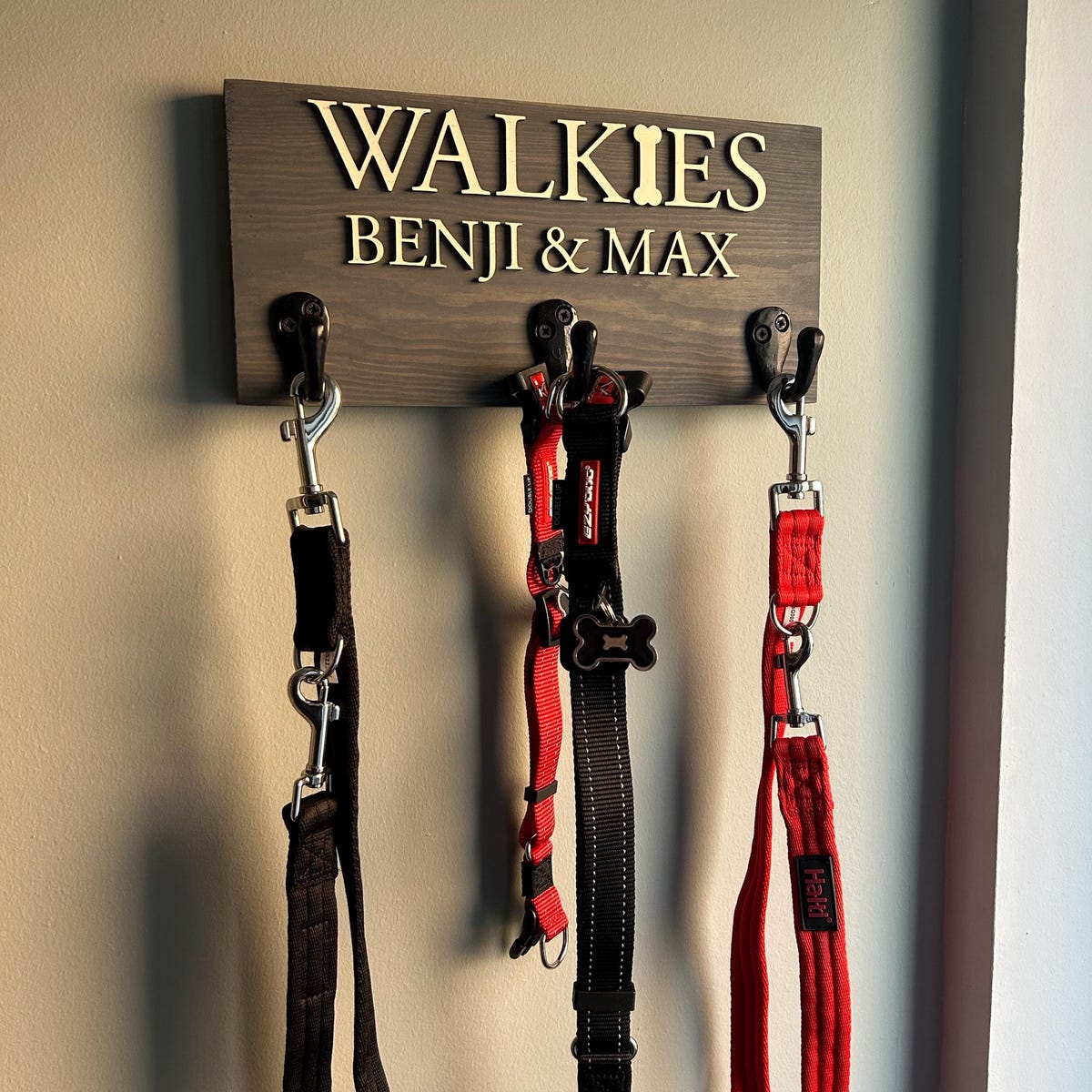 Personalised Walkie's Wooden Dog Lead Hook Sign with Raised Natural Wood Wording, Pet Gift, Furry Friend