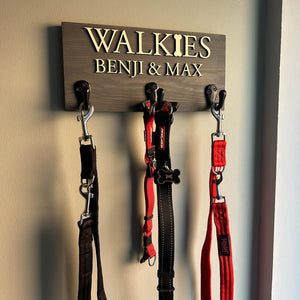 Personalised Walkie's Wooden Dog Lead Hook Sign with Raised Natural Wood Wording, Pet Gift, Furry Friend