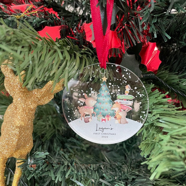 Personalised First Christmas Woodland Animals Decoration - Acrylic I Christmas Bauble, Baby first Christmas, 1st Christmas, New Baby, Bauble