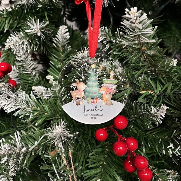 Personalised First Christmas Woodland Animals Decoration - Acrylic I Christmas Bauble, Baby first Christmas, 1st Christmas, New Baby, Bauble