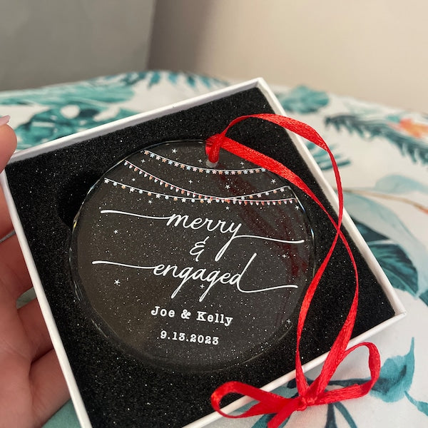 Personalized Merry and Engaged GLASS Ornament - Christmas Engagement Gift- Custom Newly Engaged Gift