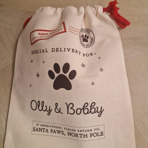 Personalised Pet Santa Sack, Dog or Cat Christmas Stocking, Xmas Treat Bag, Pet Gift, Santa Paws